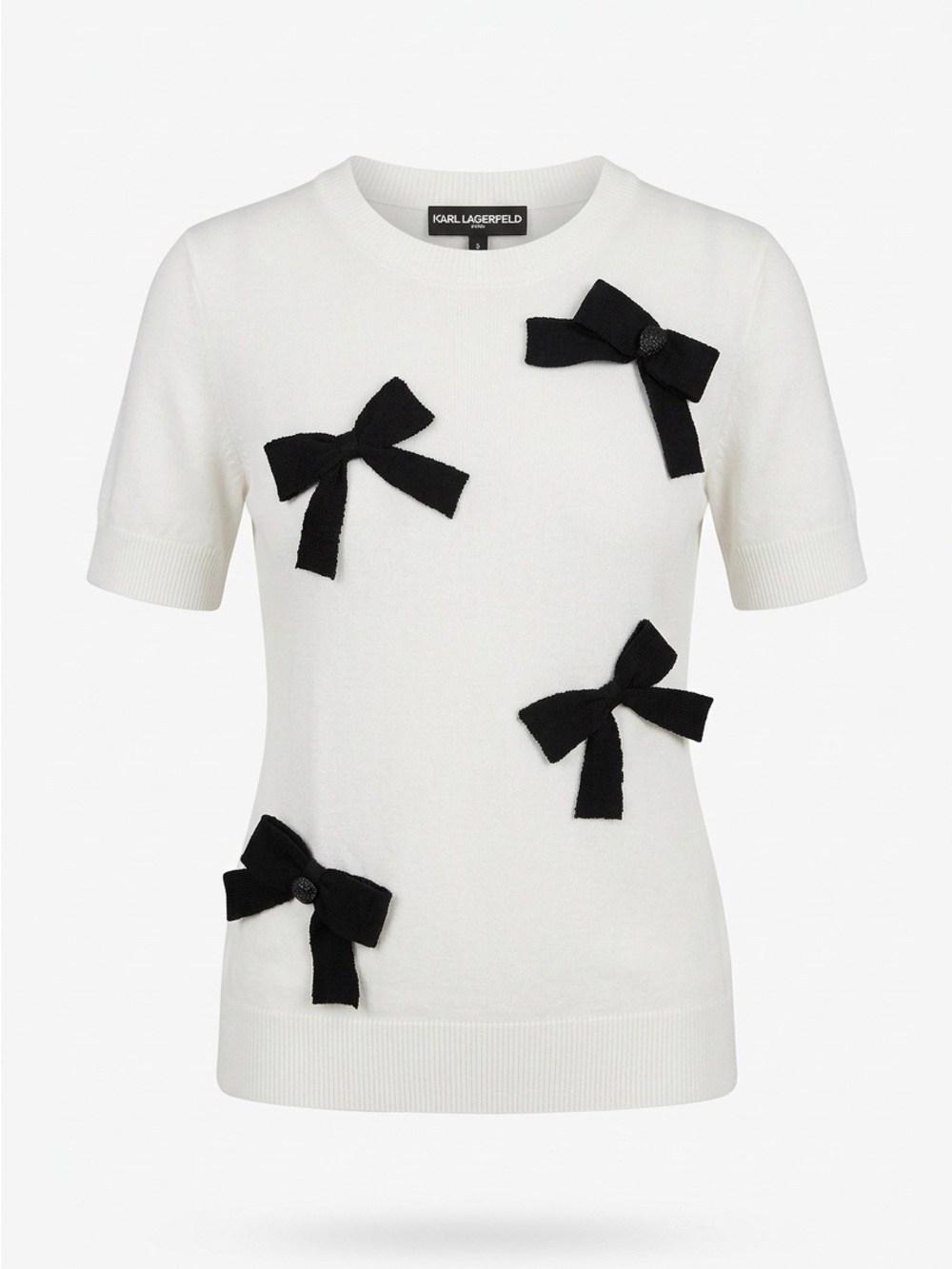 Karl Lagerfeld Elegant White Short-Sleeve Top with Black Bow Accents - Picture 2 of 3